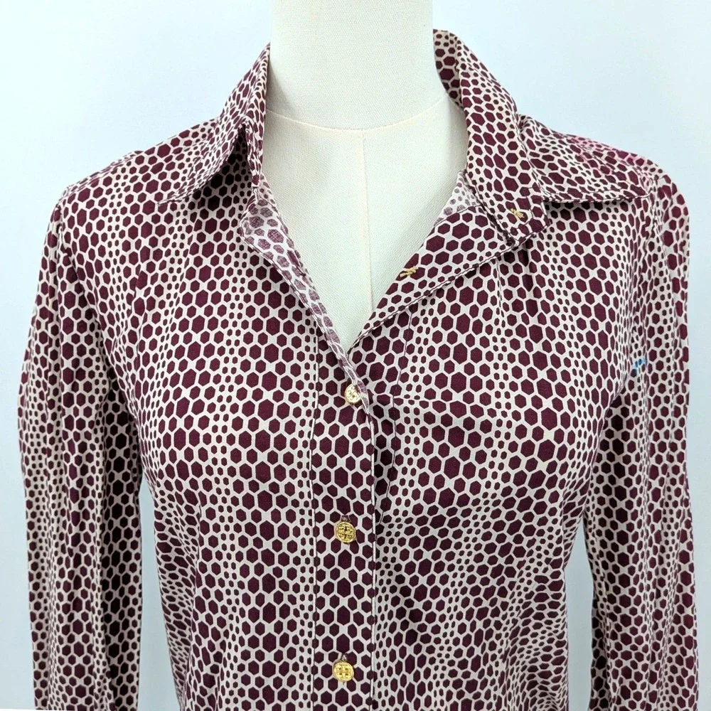 Tory Burch Burgundy‎ Geometric Button Front Shirt 6 Cotton Stretch